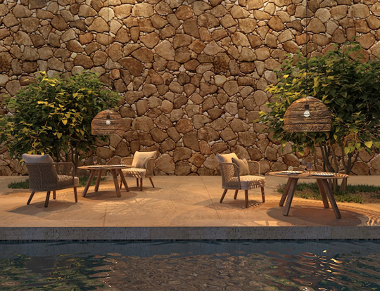 Café con terraza al aire libre de estilo escandinavo con piscina y árboles ilustración de render 3d Foto Premium 